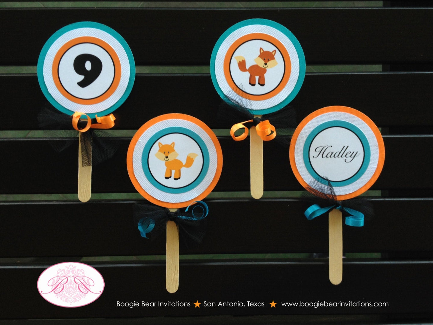 Woodland Fox Birthday Party Cupcake Toppers Orange Blue Brown Boy Girl What the Fox Say Forest Woodland Boogie Bear Invitations Hadley Theme