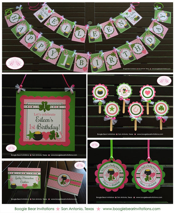 Lucky Charm Birthday Party Package St. Patrick's Day Girl Pink Green Happy Door Banner Cupcake Toppers Boogie Bear Invitations Eileen Theme
