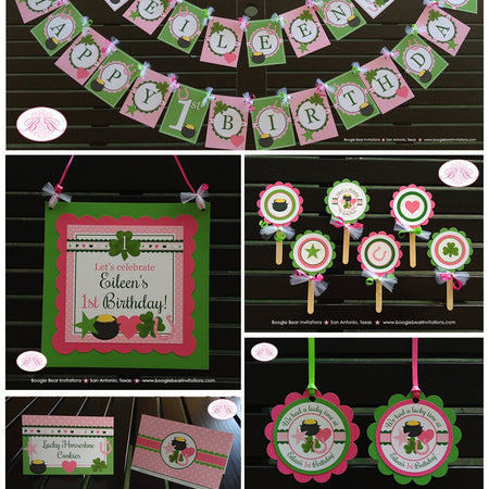 Lucky Charm Birthday Party Package St. Patrick's Day Girl Pink Green Happy Door Banner Cupcake Toppers Boogie Bear Invitations Eileen Theme