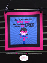 Load image into Gallery viewer, Super Girl Birthday Party Door Banner Superhero Black Hot Pink Navy Blue Comic Masked Hero Supergirl Pow Boogie Bear Invitations Dinah Theme