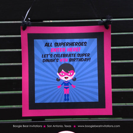Super Girl Birthday Party Door Banner Superhero Black Hot Pink Navy Blue Comic Masked Hero Supergirl Pow Boogie Bear Invitations Dinah Theme