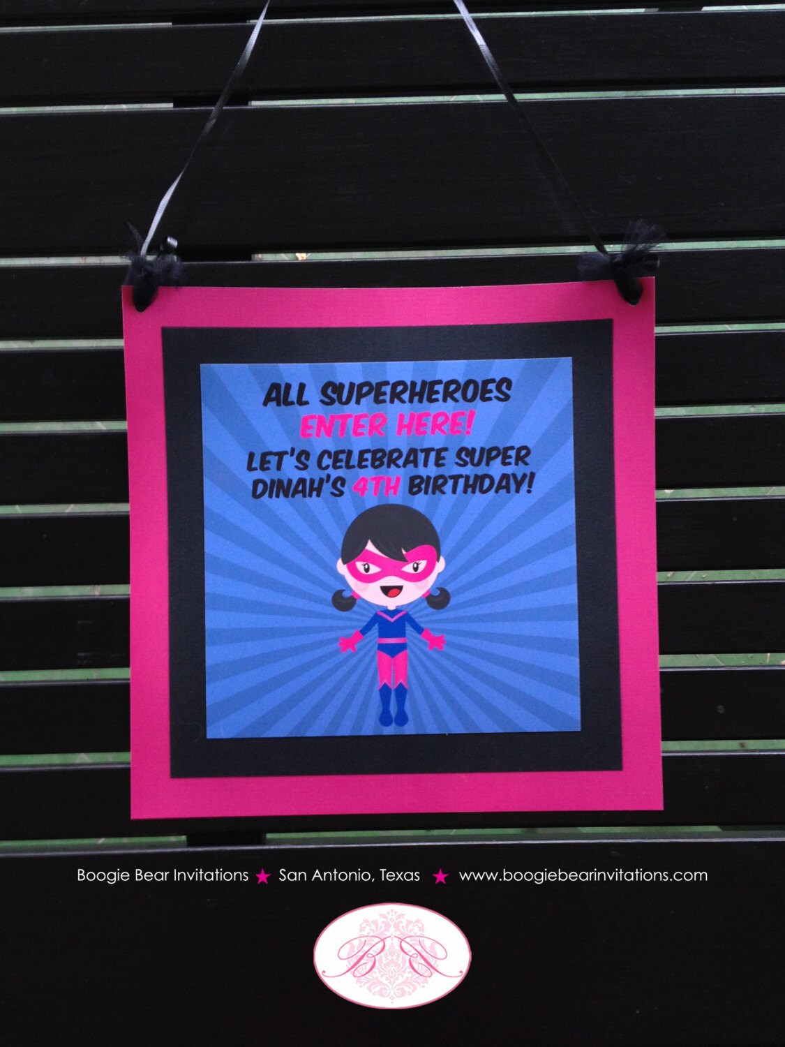 Super Girl Birthday Party Door Banner Superhero Black Hot Pink Navy Blue Comic Masked Hero Supergirl Pow Boogie Bear Invitations Dinah Theme