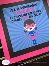 Load image into Gallery viewer, Super Girl Birthday Party Door Banner Superhero Black Hot Pink Navy Blue Comic Masked Hero Supergirl Pow Boogie Bear Invitations Dinah Theme