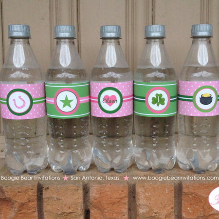 Lucky Charm Birthday Party Bottle Wraps Cover Wrappers Label Pink Girl Green Shamrock 4 Leaf Clover Tag Boogie Bear Invitations Eileen Theme