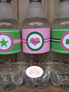 Lucky Charm Birthday Party Bottle Wraps Cover Wrappers Label Pink Girl Green Shamrock 4 Leaf Clover Tag Boogie Bear Invitations Eileen Theme