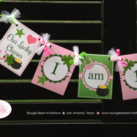 Lucky Charm Highchair I am 1 Banner Birthday Party Shamrock Pink Dot Heart Star Green Shamrock 1st Boogie Bear Invitations Eileen Theme