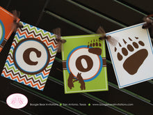 Load image into Gallery viewer, Grizzly Bear Birthday Party Banner Paw Print Forest Animals Orange Green Blue Brown Name Girl Boy 1st 2nd Boogie Bear Invitations Nico Theme