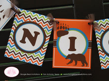 Load image into Gallery viewer, Grizzly Bear Birthday Party Banner Paw Print Forest Animals Orange Green Blue Brown Name Girl Boy 1st 2nd Boogie Bear Invitations Nico Theme