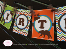 Load image into Gallery viewer, Grizzly Bear Happy Birthday Party Banner Forest Orange Brown Boy Girl Camping Hiking Kodiak Wild Zoo Boogie Bear Invitations Nico Theme