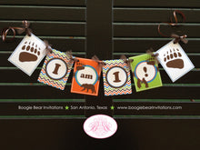 Load image into Gallery viewer, Grizzly Bear Highchair I am 1 Banner Birthday Party Paw Print Forest Animals Orange Green Blue Brown 1st Boogie Bear Invitations Nico Theme