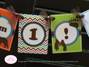 Grizzly Bear Highchair I am 1 Banner Birthday Party Paw Print Forest Animals Orange Green Blue Brown 1st Boogie Bear Invitations Nico Theme