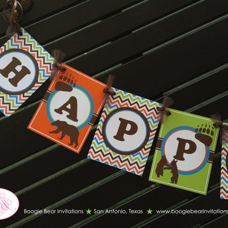 Grizzly Bear Happy Birthday Party Banner Forest Orange Brown Boy Girl Camping Hiking Kodiak Wild Zoo Boogie Bear Invitations Nico Theme