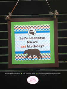 Grizzly Bear Birthday Party Door Banner Paw Print Chevron Orange Blue Green Girl Boy Hiking Camping Camp Boogie Bear Invitations Nico Theme