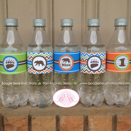 Grizzly Bear Birthday Party Bottle Wraps Wrappers Label Cover Green Orange Blue Brown Kodiak Forest Retro Boogie Bear Invitations Nico Theme