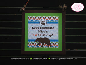 Grizzly Bear Birthday Party Door Banner Paw Print Chevron Orange Blue Green Girl Boy Hiking Camping Camp Boogie Bear Invitations Nico Theme