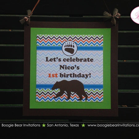 Grizzly Bear Birthday Party Door Banner Paw Print Chevron Orange Blue Green Girl Boy Hiking Camping Camp Boogie Bear Invitations Nico Theme