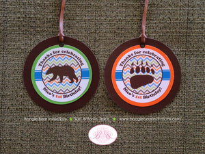 Grizzly Bear Birthday Party Favor Tags Chevron Stripe Paw Print Camping Wild Zoo Forest Woodland Boy Girl Boogie Bear Invitations Nico Theme