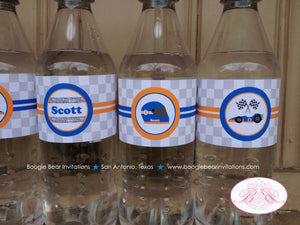 Race Car Birthday Party Bottle Wraps Wrappers Label Cover Orange Blue Black Boy Girl Racing Race Track Boogie Bear Invitations Scott Theme