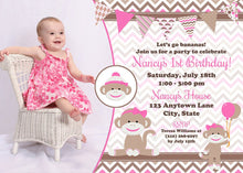 Load image into Gallery viewer, Pink Sock Monkey Party Invitation Birthday Photo Girl Wild Zoo Jungle Amazon Boogie Bear Invitations Nancy Theme Paperless Printable Printed
