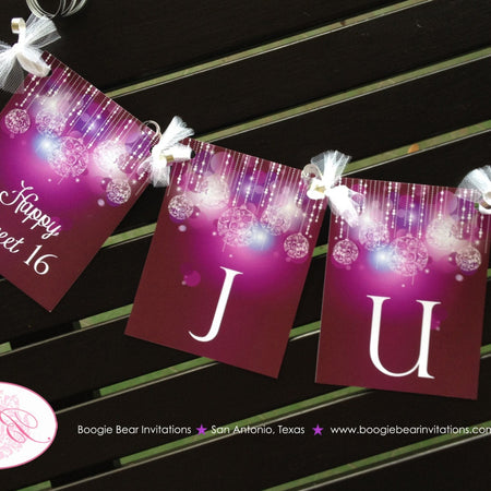 Purple Glowing Ornament Party Name Banner Birthday Violet Plum Pink Glow Sweet 16 Girl Formal Elegant Boogie Bear Invitations Juliet Theme