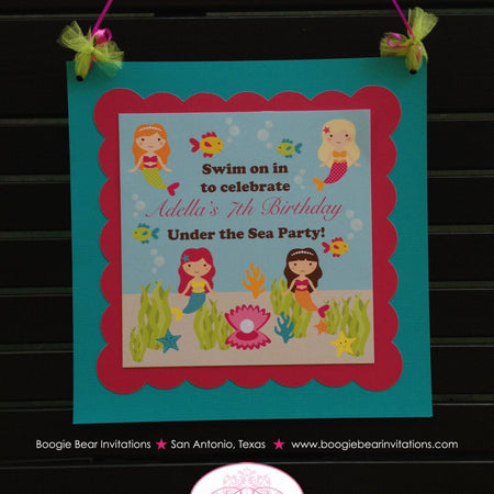 Mermaid Swimming Party Door Banner Birthday Pink Fish Beach Girl Splash Ocean Under The Sea Swim Boogie Bear Invitations Adella Theme