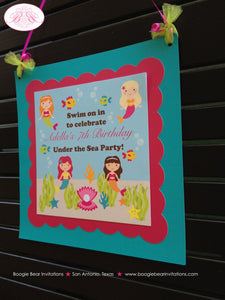 Mermaid Swimming Party Door Banner Birthday Pink Fish Beach Girl Splash Ocean Under The Sea Swim Boogie Bear Invitations Adella Theme