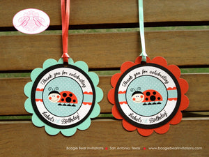 Ladybug Birthday Party Favor Tags Girl Treat Gift Spring Red Aqua Summer Garden Outdoor Picnic Lady Bug Boogie Bear Invitations Isabel Theme