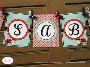 Ladybug Birthday Party Name Banner Red Black Tea Aqua Girl Little Lady Bug 1st 2nd 3rd 4th 5th 6th 7th Boogie Bear Invitations Isabel Theme