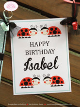 Load image into Gallery viewer, Ladybug Birthday Party Name Banner Red Black Tea Aqua Girl Little Lady Bug 1st 2nd 3rd 4th 5th 6th 7th Boogie Bear Invitations Isabel Theme