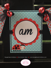 Load image into Gallery viewer, Red Ladybug I am 1 Highchair Banner Birthday Party Lady Girl Black White Aqua Bug Little Spring Summer Boogie Bear Invitations Isabel Theme
