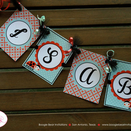 Red Ladybug Birthday Party Banner Small Black Polka Dot Aqua Blue Girl Garden Retro Garden Lady Bug Kid Boogie Bear Invitations Isabel Theme