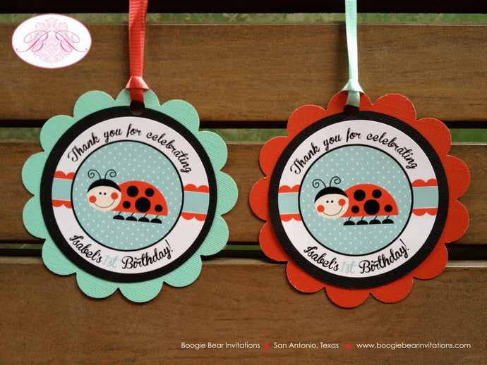 Ladybug Birthday Party Favor Tags Girl Treat Gift Spring Red Aqua Summer Garden Outdoor Picnic Lady Bug Boogie Bear Invitations Isabel Theme