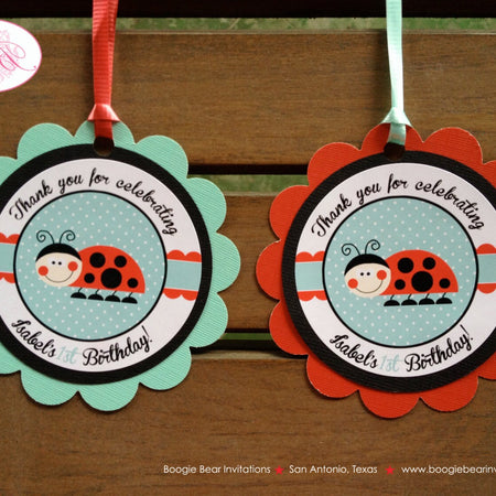 Ladybug Birthday Party Favor Tags Girl Treat Gift Spring Red Aqua Summer Garden Outdoor Picnic Lady Bug Boogie Bear Invitations Isabel Theme