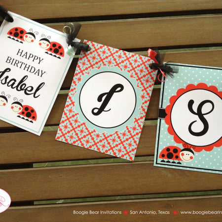 Ladybug Birthday Party Name Banner Red Black Tea Aqua Girl Little Lady Bug 1st 2nd 3rd 4th 5th 6th 7th Boogie Bear Invitations Isabel Theme