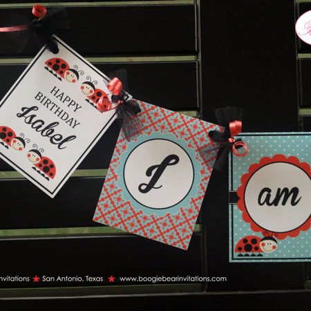 Red Ladybug I am 1 Highchair Banner Birthday Party Lady Girl Black White Aqua Bug Little Spring Summer Boogie Bear Invitations Isabel Theme