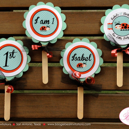 Red Ladybug Party Cupcake Toppers Birthday Set Girl Black Polka Dot Aqua Blue Garden Flying Lady Bug Boogie Bear Invitations Isabel Theme