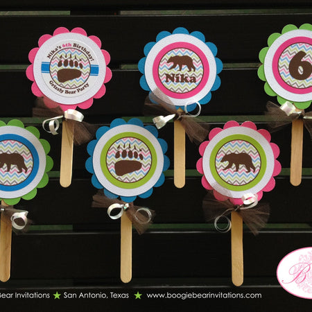 Grizzly Bear Birthday Party Cupcake Toppers Pink Forest Chevron Blue Green Girl Great Outdoors Paw Trail Boogie Bear Invitations Nika Theme