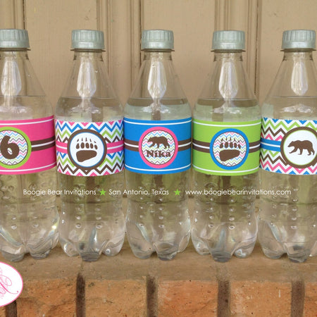 Pink Grizzly Bear Birthday Party Bottle Wraps Wrapper Cover Label Girl Green Blue Forest Cub Animals Paw Boogie Bear Invitations Nika Theme