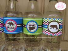 Load image into Gallery viewer, Pink Grizzly Bear Birthday Party Bottle Wraps Wrapper Cover Label Girl Green Blue Forest Cub Animals Paw Boogie Bear Invitations Nika Theme