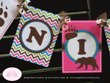 Load image into Gallery viewer, Pink Grizzly Bear Birthday Party Banner Paw Print Chevron Green Blue Brown Girl Camping Forest Kodiak Boogie Bear Invitations Nika Theme