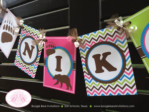 Pink Grizzly Bear Birthday Party Banner Paw Print Chevron Green Blue Brown Girl Camping Forest Kodiak Boogie Bear Invitations Nika Theme