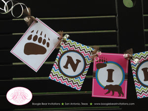 Pink Grizzly Bear Birthday Party Banner Paw Print Chevron Green Blue Brown Girl Camping Forest Kodiak Boogie Bear Invitations Nika Theme