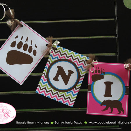 Pink Grizzly Bear Birthday Party Banner Paw Print Chevron Green Blue Brown Girl Camping Forest Kodiak Boogie Bear Invitations Nika Theme