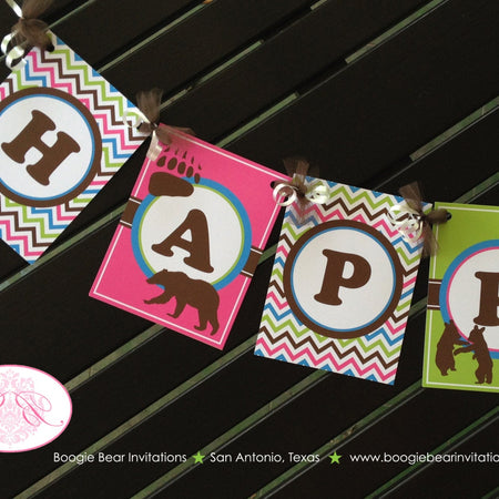 Pink Grizzly Bear Happy Birthday Party Banner Paw Print Forest Animals Green Blue Brown Girl 1st 5th 6th Boogie Bear Invitations Nika Theme