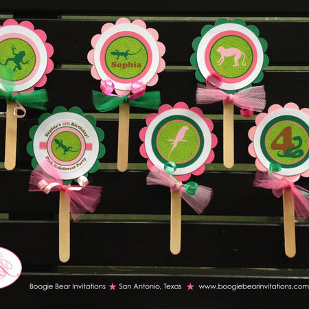 Pink Rainforest Birthday Party Cupcake Toppers Girl Monkey Parrot Gecko Frog Rain Forest Amazon Jungle Boogie Bear Invitations Sophia Theme