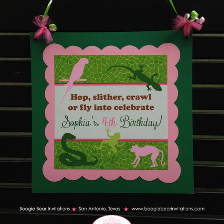 Pink Rainforest Party Door Banner Birthday Monkey Snake Parrot Lizard Reptile Rain Forest Zoo Green Boogie Bear Invitations Sophia Theme