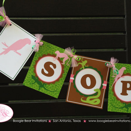 Pink Rainforest Party Name Banner Birthday Girl Parrot Monkey Reptile Snake Zoo Reptile Amazon Jungle Boogie Bear Invitations Sophia Theme