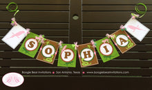 Load image into Gallery viewer, Pink Rainforest Party Name Banner Birthday Girl Parrot Monkey Reptile Snake Zoo Reptile Amazon Jungle Boogie Bear Invitations Sophia Theme