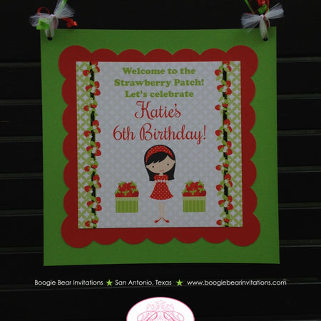 Strawberry Girl Party Door Banner Birthday Red Green Orchard Summer Berry Sweet Outdoor Garden Flower Boogie Bear Invitations Katie Theme