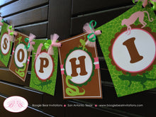 Load image into Gallery viewer, Pink Rainforest Party Name Banner Birthday Girl Parrot Monkey Reptile Snake Zoo Reptile Amazon Jungle Boogie Bear Invitations Sophia Theme